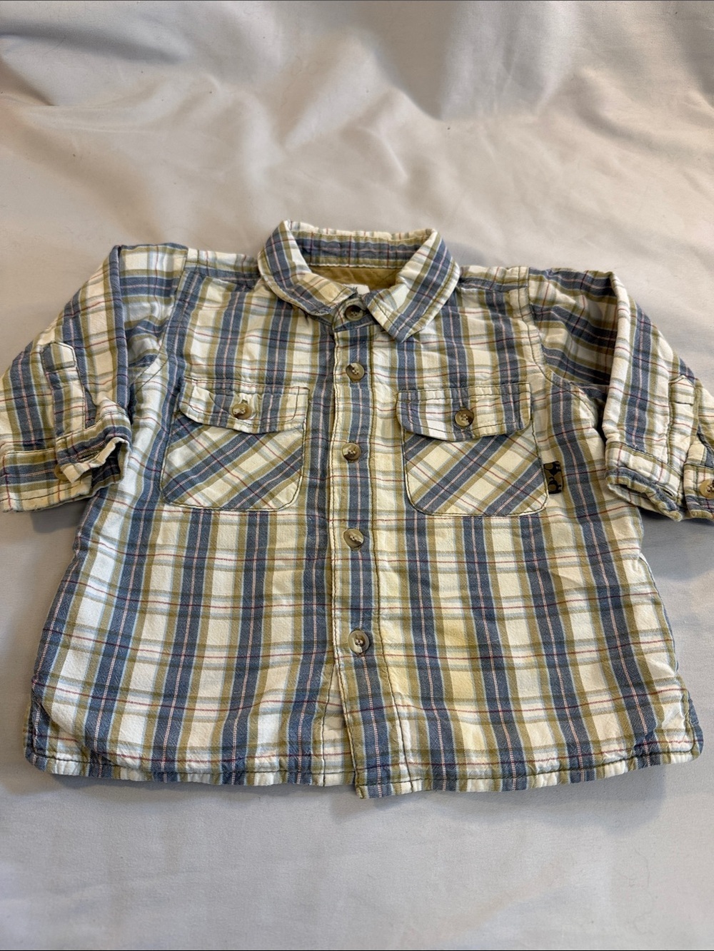 H&M - Lined Plaid Button-Front Kids Shirt - Blue & Cream